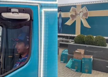 Checo PÃ©rez y su trÃ¡iler lleno de cajas de tequila para empleados de red bull